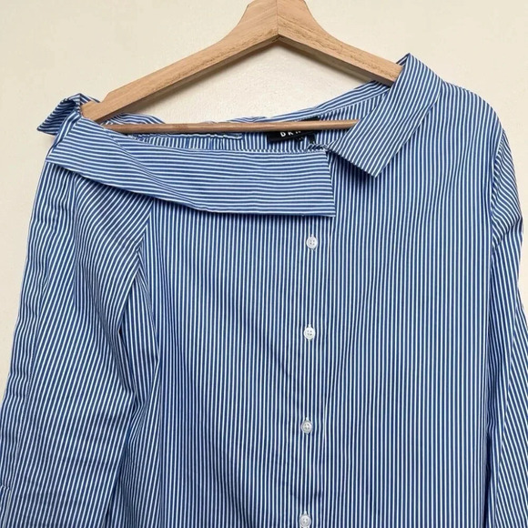 DKNY Womens Small Poplin Asymmetrical One Shoulder Button Shirt Stripes - Picture 3 of 12